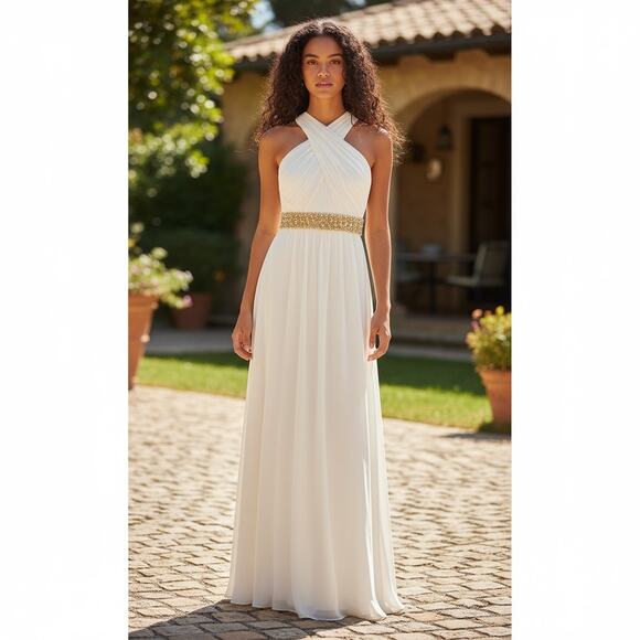 CACHE Maxi Greek Goddess Gown Beaded Belt Size 12 Open Back Zipper Closure - Picture 3 of 11